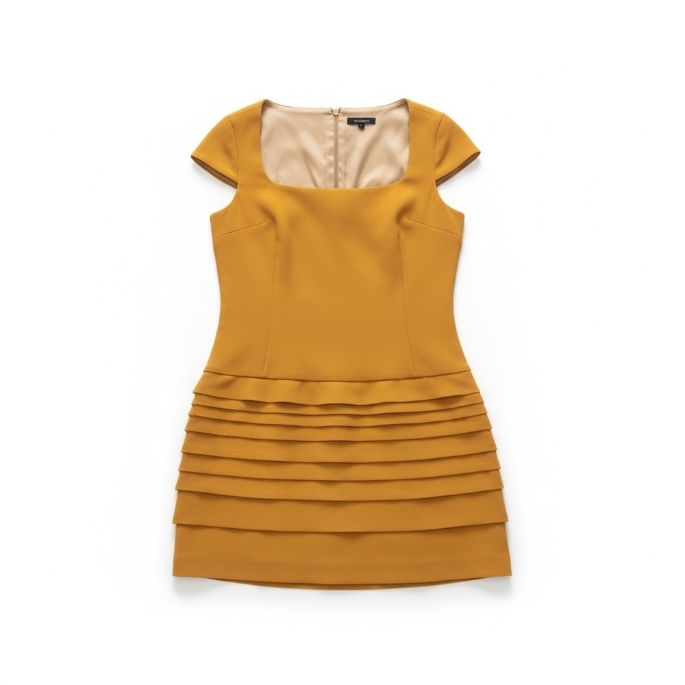 Made in Italy Elegant Mustard Cap Sleeve ruffle a line Dress size M